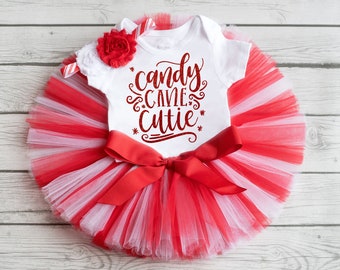 Conjunto de tutú rojo y blanco "Ava" para niña con atuendo navideño para fotos de Candy Cane Cutie