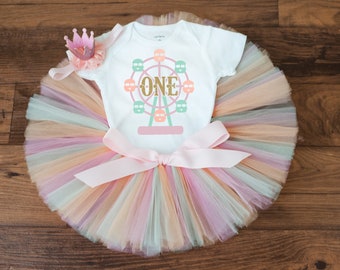 Vestito da primo compleanno per bambina con top in pesca, rosa e menta pastello "Rowan"