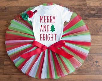 Merry and bright Christmas Outfit for girls 'Holly' first Christmas outfit girl, Christmas tutu outfit, baby first Christmas outfit, toddler