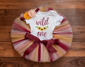 Sunflower first birthday outfit girl 'Goldie' wild one sunflower tutu, bodysuit, headband set