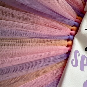 May include: A multi-layered tulle skirt featuring alternating strips of pastel pink, lavender, and peach fabric. Attached to the side is a white fabric panel with the partial black text SP and a purple graphic element visible on the edge.