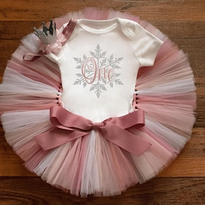 Winter onederland birthday outfit girl, muted pinks cake smash outfit, snowflake first bday tutu set