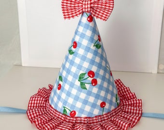 Gorro de cereza para el primer cumpleaños - gorro de fiesta a cuadros rojos y azules