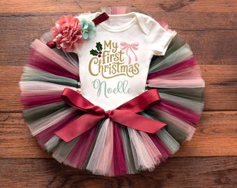 Personalized First Christmas Outfit baby girl "Cranberry"