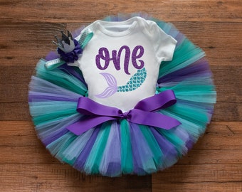 Oneder the sea mermaid first birthday outfit girl - purple and teal ocean cake smash