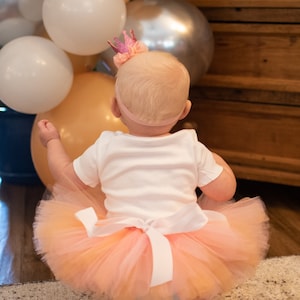 Pastel pumpkin first birthday outfit 'Summer' pink and peach tutu, bodysuit, headband set image 7