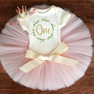 Blush Floral first birthday outfit &#39;Emory&#39; Floral cake smash tutu set girl, blush pink gold 1st birthday girl outfit