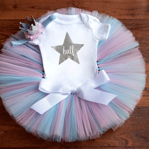 Twinkle Twinkle Little Star half birthday outfit girl 'Cotton Candy' star half birthday tutu baby girl pink and blue, 6 month outfit