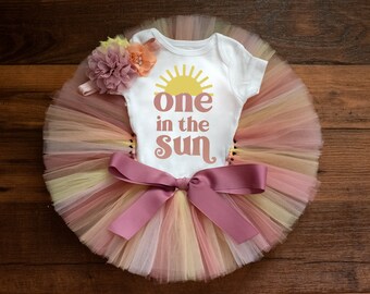 One in the sun first birthday outfit, pastel sunshine birthday outfit girl, muted pink peach birthday girl cake smash birthday outfit tutu