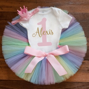 Pastel rainbow personalized birthday outfit &#39;Kaylyn&#39; unicorn first birthday, pastel rainbow tutu, party outfit, unicorn cake smash tutu set