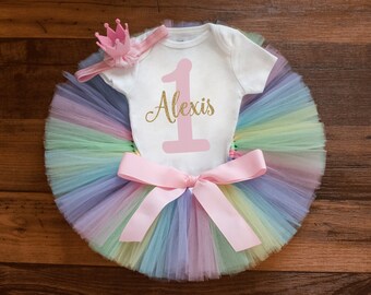 Pastel rainbow birthday outfit 'Kaylyn' unicorn first birthday outfit, pastel rainbow tutu, birthday party outfit, unicorn birthday tutu