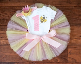 Pink and yellow first Bee day birthday outfit girl - Sweet as can bee