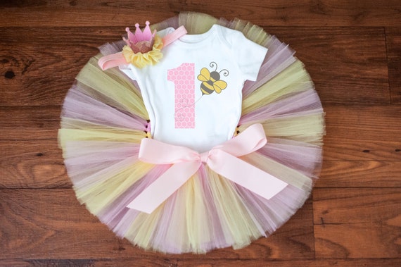 Pink and yellow first Bee day birthday outfit girl - Sweet as can bee