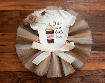 One is a latte fun first birthday outfit "Latte" coffee smash cake tutu set