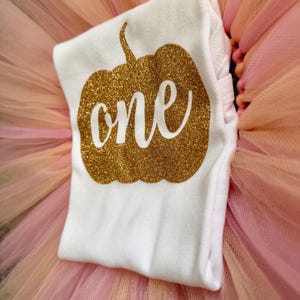 May include: A white short-sleeved shirt featuring a gold glitter pumpkin graphic with the word one written in white script across the center. The shirt is layered over a full, layered tulle skirt in shades of light pink and peach.