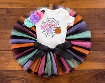 Baby girl Halloween first birthday outfit 'Spooky One' halloween birthday outfit, witch tutu outfit, halloween cake smash tutu set