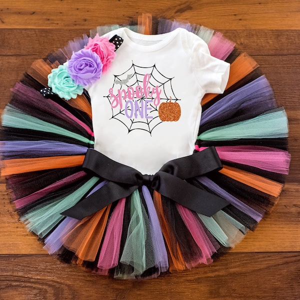 Baby girl Halloween first birthday outfit 'Spooky One' halloween birthday outfit, witch tutu outfit, halloween cake smash tutu set