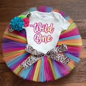 Rainbow leopard first birthday outfit girl &#39;Teresa&#39; neon rainbow 90s cake smash, wild one, cheetah print baby girl photo session tutu
