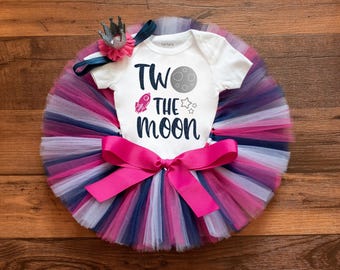 Two the moon tutu set 'Avery' pink and navy space 2nd birthday outfit
