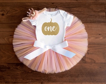 Pastel pumpkin first birthday outfit 'Summer' pink and peach tutu, bodysuit, headband set