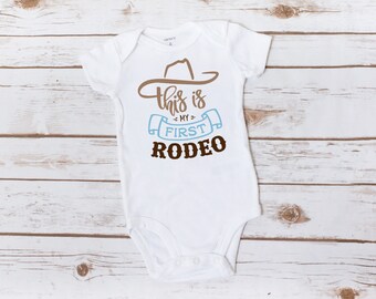 My first rodeo birthday outfit for baby boys - blue, tan and brown