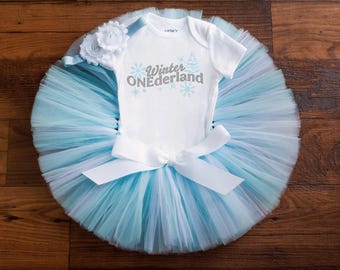 Winter onederland first birthday outfit in light blue and white