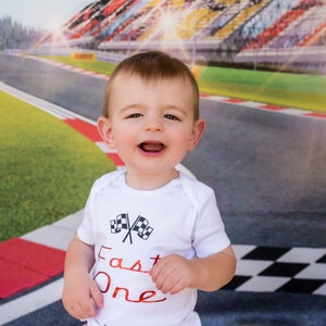 Fast One boys first birthday bodysuit, racing first bday boy, racing cake smash outfit boy, car 1st birthday bodysuit one