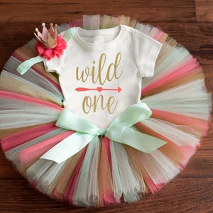 Wild One birthday girl outfit &#39;Siera Gold&#39; boho first birthday cake smash tutu set, 1 year photo outfit gir