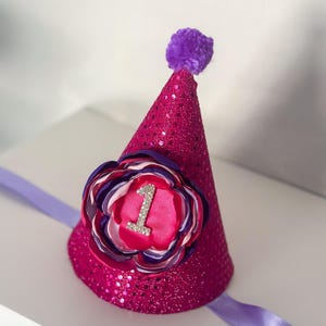 Pink and purple glitter first birthday party hat for girls, cake smash outfit, custom party hat for girls first birthday