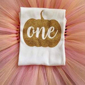 May include: A white t-shirt featuring a gold glitter pumpkin graphic with the word one written in white script across the center, placed on top of a layered tulle skirt in shades of light pink, peach, and orange.