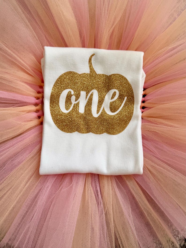 May include: A white t-shirt featuring a gold glitter pumpkin graphic with the word one written in white script across the center, placed on top of a layered tulle skirt in shades of light pink, peach, and orange.