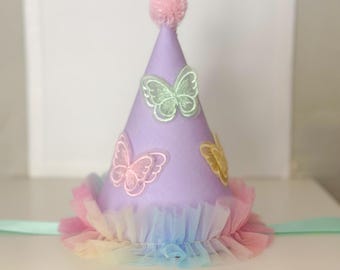 Pastel Rainbow Butterfly First Birthday Party Hat