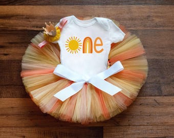Sun Regenbogen erster Geburtstag Outfit 'Sunshine' erste Reise um die Sonne Outfit Mädchen - Cake Smash Tutu Set - orange, gelb