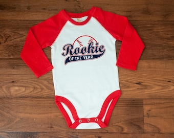 Rookie of the year bodysuit red - boys baseball first birthday outfit