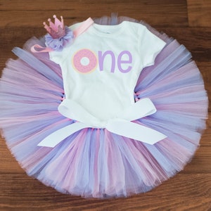 Donut first birthday outfit girl &#39;Evey&#39; pastel cake smash tutu set, donut grow up outfit, pink and purple birthday tutu set