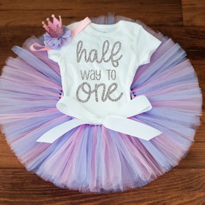 Half way to one outfit baby girl &#39;Evey&#39; pastel half birthday tutu set, 6 month photo outfit pink purple