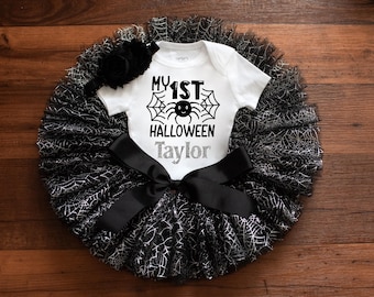 Disfraz personalizado de araña "Telaraña" para el primer Halloween: tutú, body y diadema.