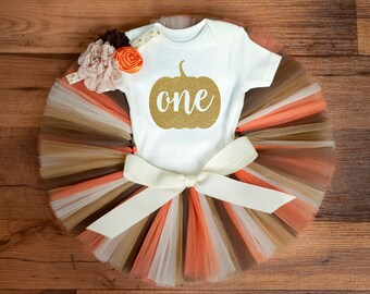 Pumpkin first birthday outfit girl 'Tashia Gold' fall cake smash tutu, bodysuit, headband set