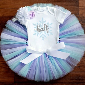 Purple light blue and white Winter snowflake half birthday outfit girl "Brittany" 6 month photo outfit, half birthday milestone tutu set
