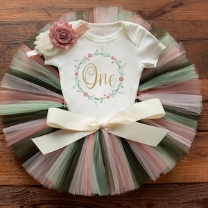 Floral first birthday outfit &#39;Flora&#39; first birthday outfit, sage blush gold, floral cake smash tutu set one year old