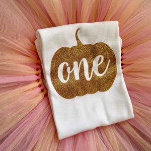 May include: A white t-shirt featuring a gold glitter pumpkin graphic with the word one written in white script across the center, layered over a fluffy, multi-layered tulle skirt in shades of soft peach, light pink, and pale orange.