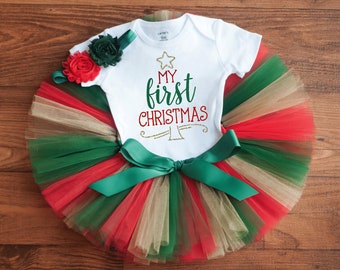 My first Christmas outfit girl 'Victoria' Christmas outfit baby, Newborn Christmas outfit Christmas tutu red and gold baby photo outfit girl