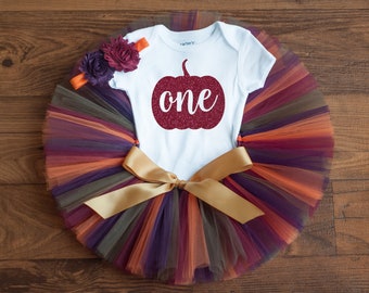 Fall first birthday outfit girl "Autumn" little pumpkin tutu, bodysuit, headband set