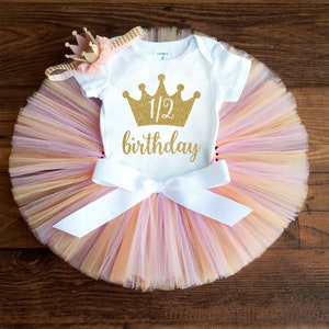 Pink and peach half birthday girl outfit "Summer" 6 month milestone photo outfit for girls, half birthday tutu set