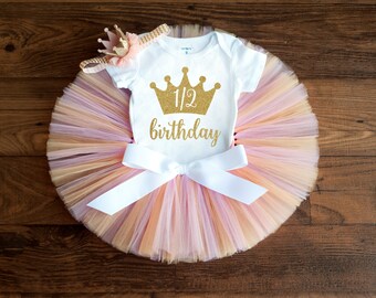 Pink and peach half birthday Summer half birthday girl outfit, peach and gold, 6 month photo outfit, half birthday outfit half birthday tutu