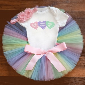 First Valentine’s Day tutu outfit &quot;Kaylyn&quot; Valentine’s Bodysuit Conversation hearts, Sweetheart Baby Girl Clothes, February Birthday