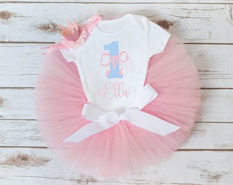 Personalized Coquette Pink bow first birthday outfit girl 'Kristin' classic pink and white birthday cake smash, grandmillenial birthday