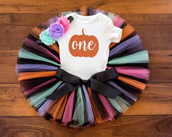 Tenue premier anniversaire citrouille pour fille - Ensemble tutu, body, serre-tête pastel pour gâteau d'Halloween