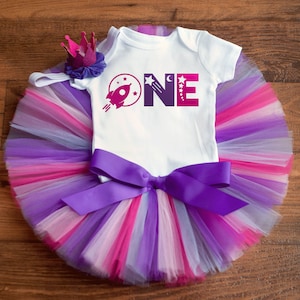 Girls space first birthday outfit 'Persephonee' first trip around the sun outfit girl, pink purple first birthday outfit, cake smash tutu