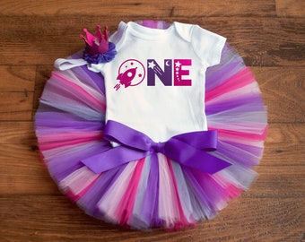 Girls space first birthday outfit 'Persephonee' first trip around the sun outfit girl, pink purple first birthday outfit, cake smash tutu